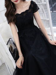 Black A-line Tulle with Lace Applique Party Dress, Black Short Sleeves Long Prom Dress