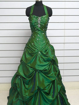 Green Taffeta Halter Sweetheart Beaded Long Formal Dress, Green Floor Length Prom Dress