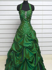 Green Taffeta Halter Sweetheart Beaded Long Formal Dress, Green Floor Length Prom Dress