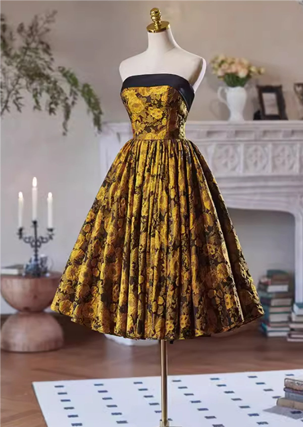 Gold Satin Floral Knee Length Homecoming Dress, Gold Satin Short Prom Cutedressy Gold Satin Floral Knee Length Homecoming Dress, Gold Satin Short Prom Cutedressy