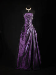 Elegant Purple Taffeta Beaded A-Line Strapless Long Evening Dress, Purple Beaded Scoop Prom Dress
