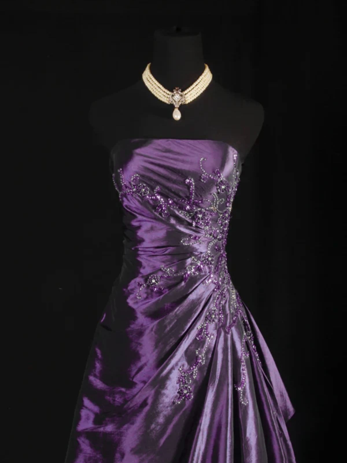 Elegant Purple Taffeta Beaded A-Line Strapless Long Evening Dress, Purple Beaded Scoop Prom Dress