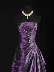 Elegant Purple Taffeta Beaded A-Line Strapless Long Evening Dress, Purple Beaded Scoop Prom Dress