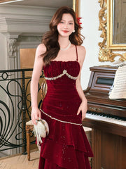 Wine Red Mermaid Velvet Layeres Beaded Party Dress, Wine Red Velvet Formal Dress