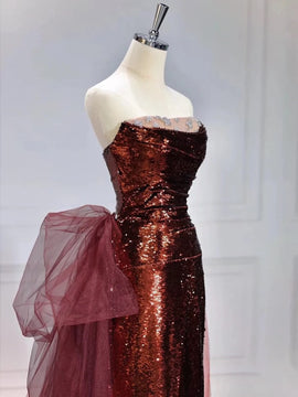 Wine Red Sequins Long Party Dress with Tulle, Wine Red Long Formal Dress Prom Dress