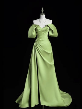 Green Satin Off Shoulder Long Formal Dress with Leg Slit, Green Satin Prom Dress