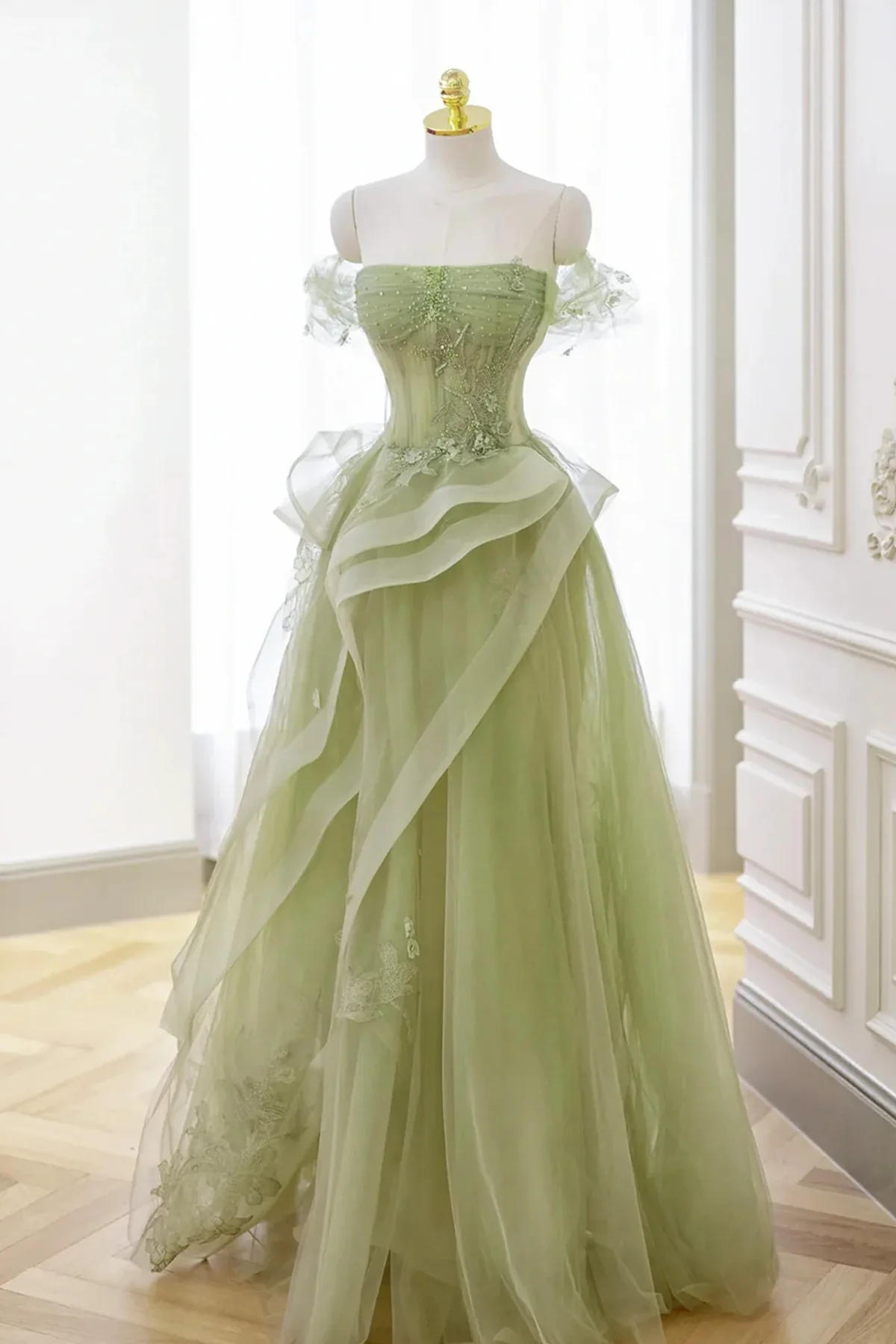 Light Green Sweetheart Beaded Off Shoulder Party Dress, Light Green Tu Cutedressy Light Green Sweetheart Beaded Off Shoulder Party Dress, Light Green Tu Cutedressy