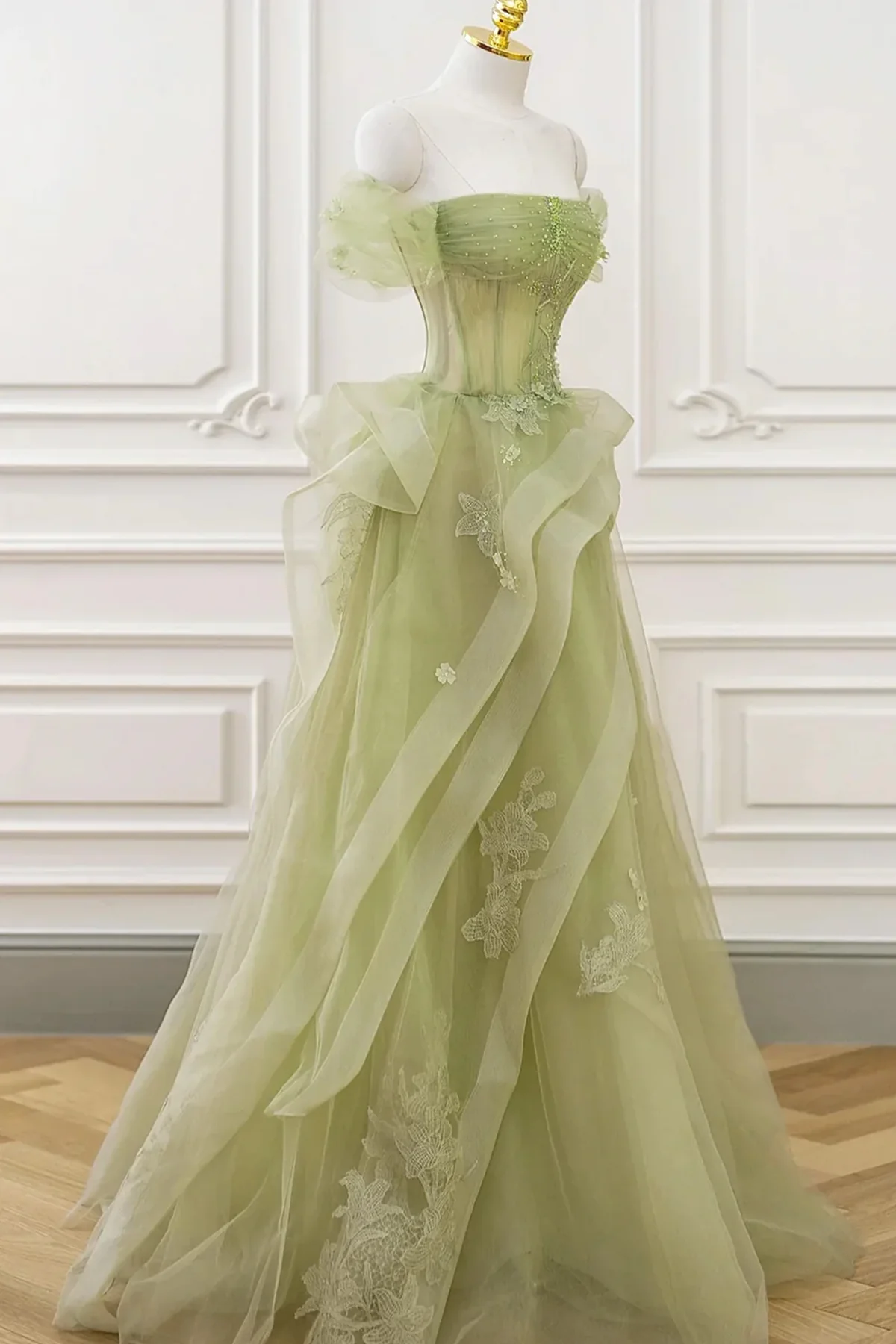 Light Green Sweetheart Beaded Off Shoulder Party Dress, Light Green Tulle Prom Dress
