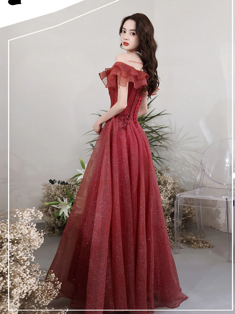 red tulle bridesmaid dress Simple red tulle off shoulder long prom dress, red tulle formal dress