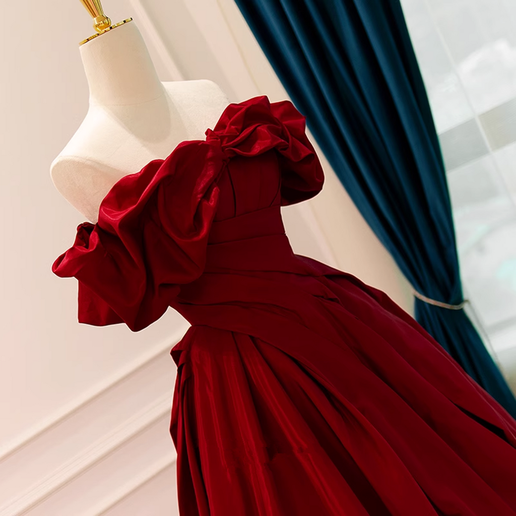 Wine Red A Line One Shoulder Satin Ankle Length Dress