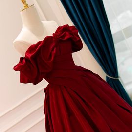 Wine Red Satin A-line Off Shoulder Long Formal Dress, Wine Red Evening Dress Prom Dress