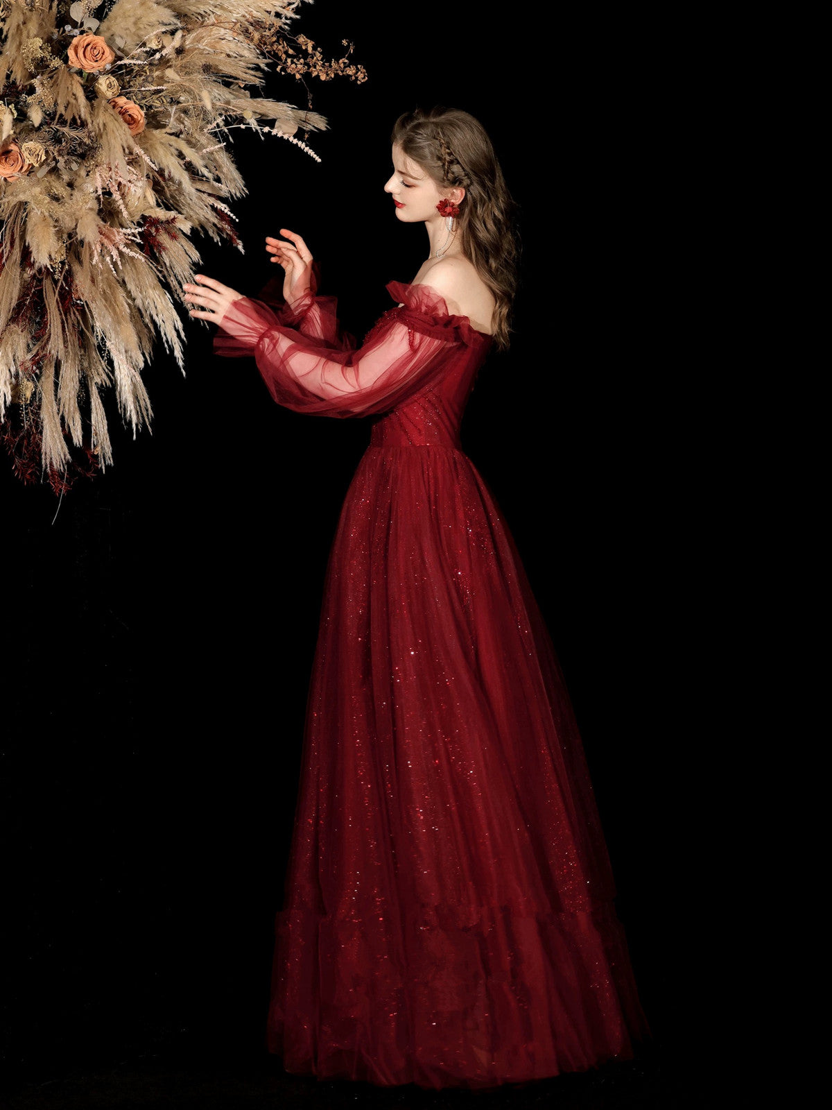 Wine Red Tulle Beaded Off Shoulder Long Formal Dress, Wine Red A-line Prom Dress