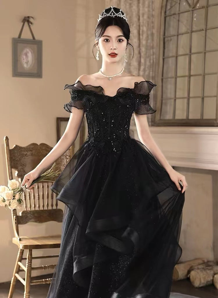 Black A-line Lace Off Shoulder Tulle with Lace Prom Dress