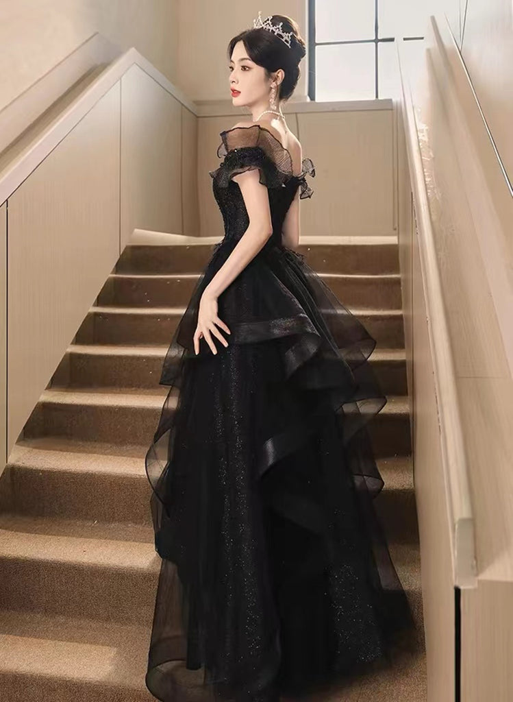 A-line Off Shoulder Tulle Black and Red Formal Dress, Floral Black and Red Party Dress