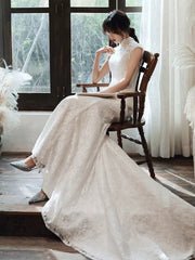 White Mermaid Lace High Neckline Wedding Party Dress, White Long Wedding Dress