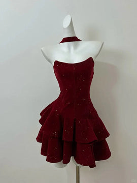 Wine Red Velvet Short Party Dress Homecoming Dress, Wine Red Strapless Formal Dress