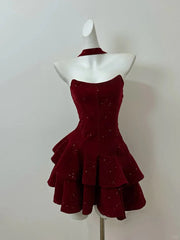Wine Red Velvet Short Party Dress Homecoming Dress, Wine Red Strapless Formal Dress