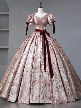 Floral Princess Gown with Burgundy Bows and Puff Sleeves, Long Prom Dress Party Dress