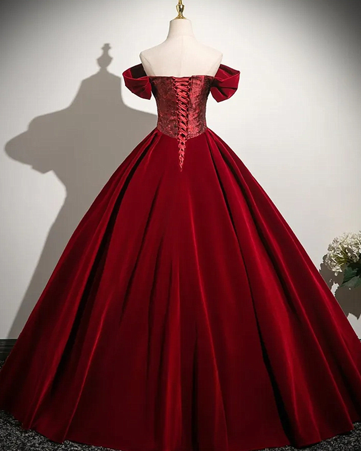 Wine Red Velvet Off Shoulder Long Prom Dress, Wine Red Sweetheart Party Dress Evening Dress