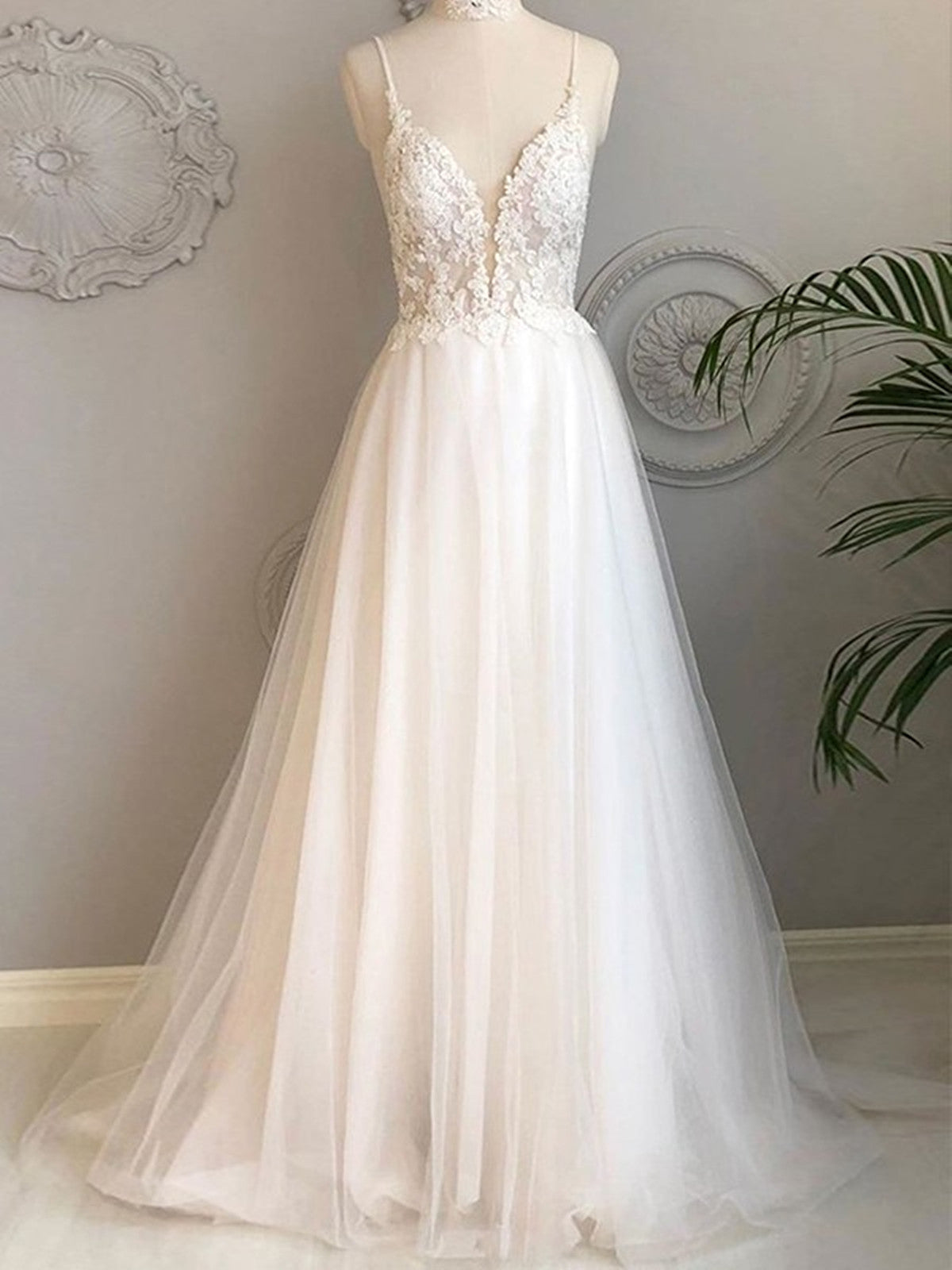 White Tulle A-line with Lace Straps Simple Wedding Dress,  Backless Long Formal Gowns