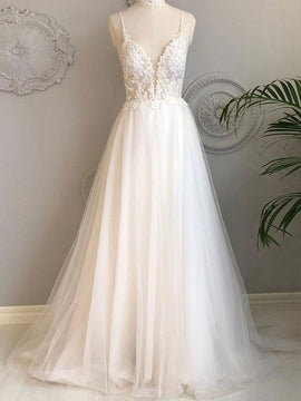 White Tulle A-line with Lace Straps Simple Wedding Dress,  Backless Long Formal Gowns