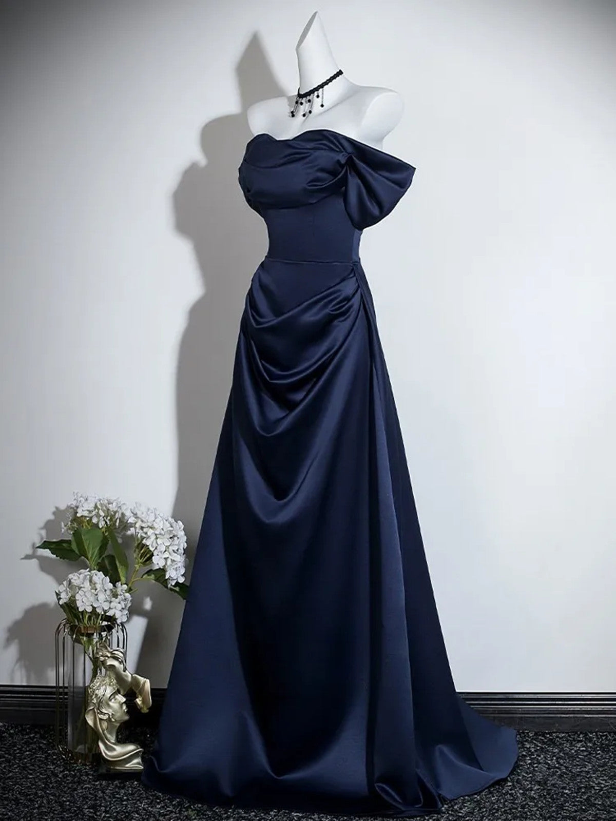 A-line Navy Blue Satin Off Shoulder Long Party Dress, Navy Blue Long Prom Dress