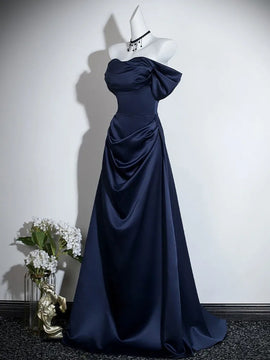 A-line Navy Blue Satin Off Shoulder Long Party Dress, Navy Blue Long Prom Dress