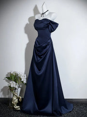 A-line Navy Blue Satin Off Shoulder Long Party Dress, Navy Blue Long Prom Dress