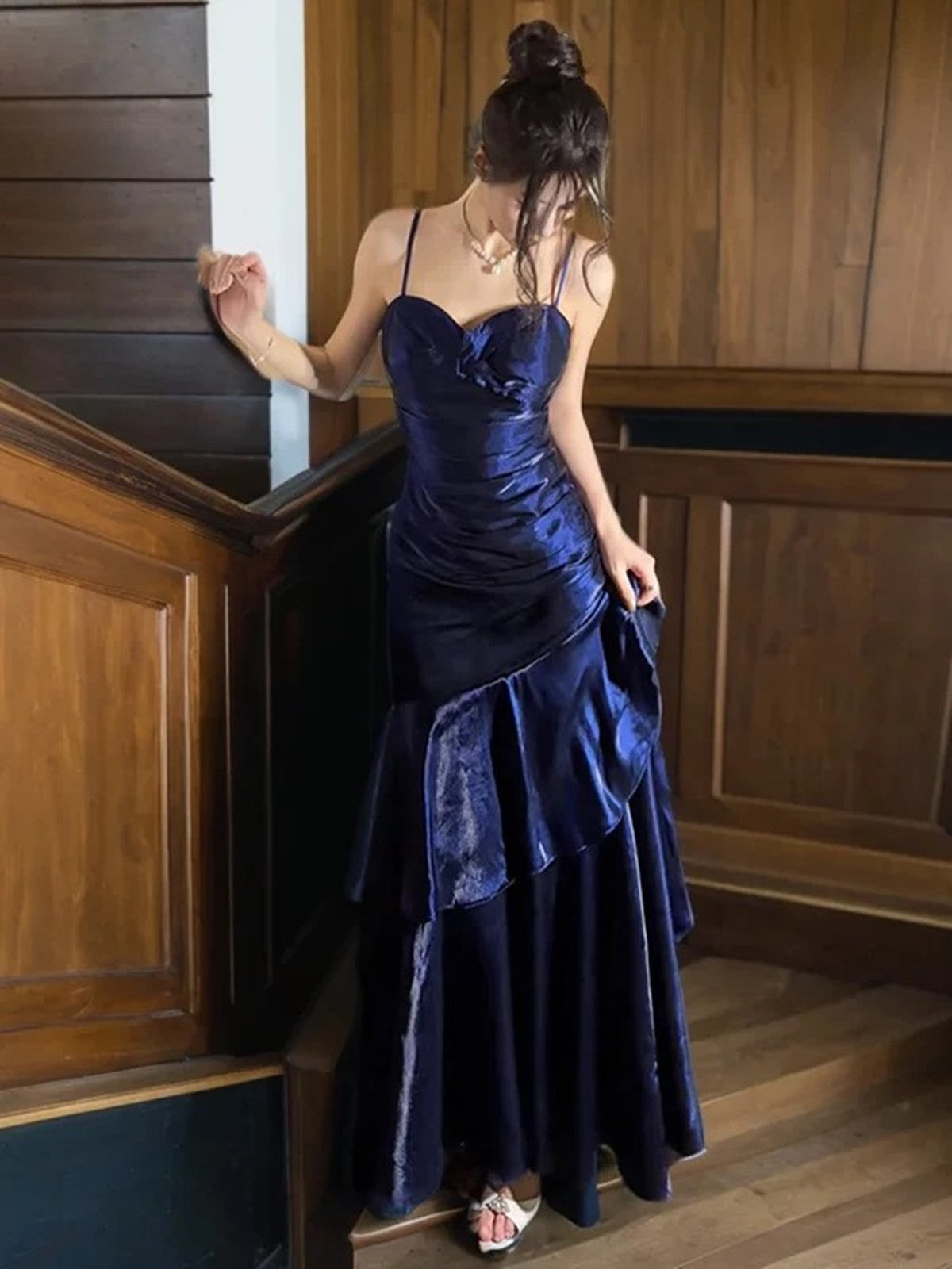 Chic Navy Blue Satin Straps Sweetheart Mermaid Prom Dress, Navy Blue Long Party Dress