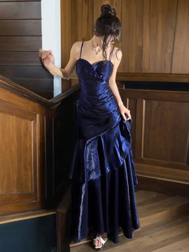 Chic Navy Blue Satin Straps Sweetheart Mermaid Prom Dress, Navy Blue Long Party Dress