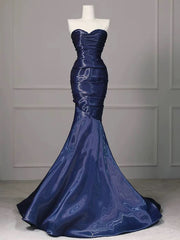 Navy Blue Mermaid Strapless Long Evening Dress, Navy Blue Satin Prom Dress