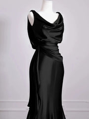 Black Soft Satin Long Low Back Evening Dress, Black Satin Prom Dress