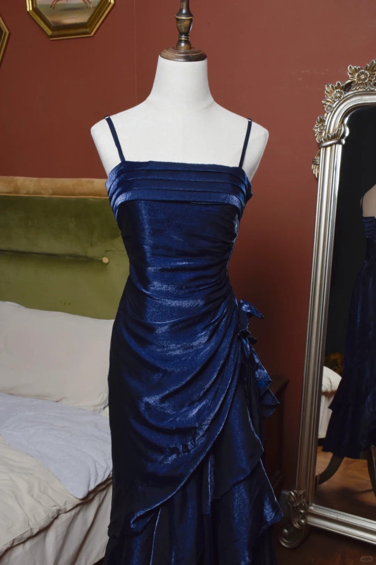 Navy Blue Straps High Low Party Dress Prom Dress, Navy Blue Satin Home Cutedressy Navy Blue Straps High Low Party Dress Prom Dress, Navy Blue Satin Home Cutedressy