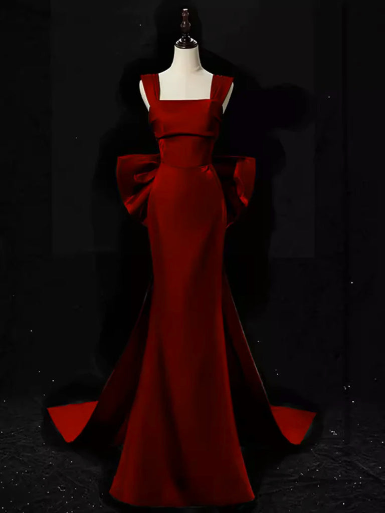 Wine Red Mermaid Straps Tulle with Lace Applique Party Dress, Wine Red Long Prom Dress