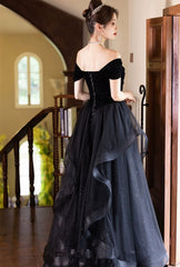 A-line Black Off Shoulder Tulle and Velvet Party Dress, Black Floor Length Prom Dress