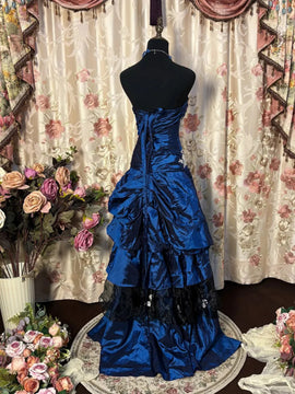 Blue Taffeta with Lace Strapless Long Formal Dress, Blue Taffeta Sweetheart Prom Dress