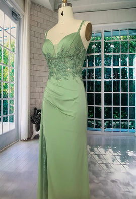 Light Green Sweetheart Straps Long Formal Dress with Leg Slit,  Light Green Prom Dress with Lace