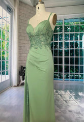 Light Green Sweetheart Straps Long Formal Dress with Leg Slit,  Light Green Prom Dress with Lace