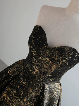Black Floral Satin Sweetheart Strapless Long Party Dress, Black Satin Evening Dress