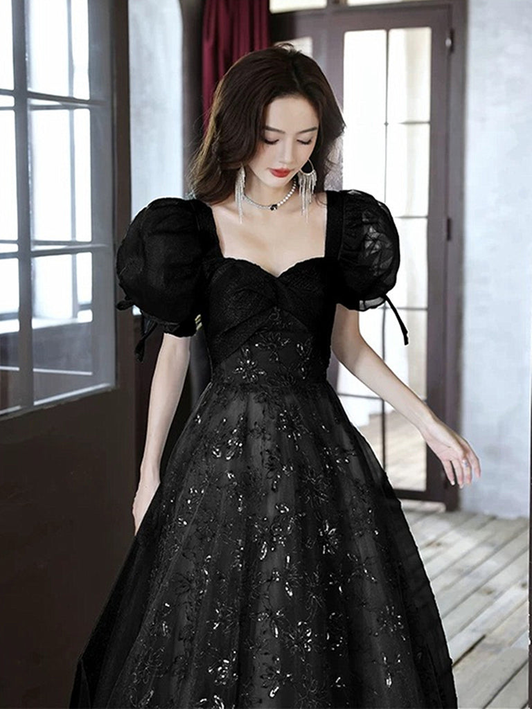 Black A-line Short Sleeves Lace Floor Length Party Dress, Black Sweeth