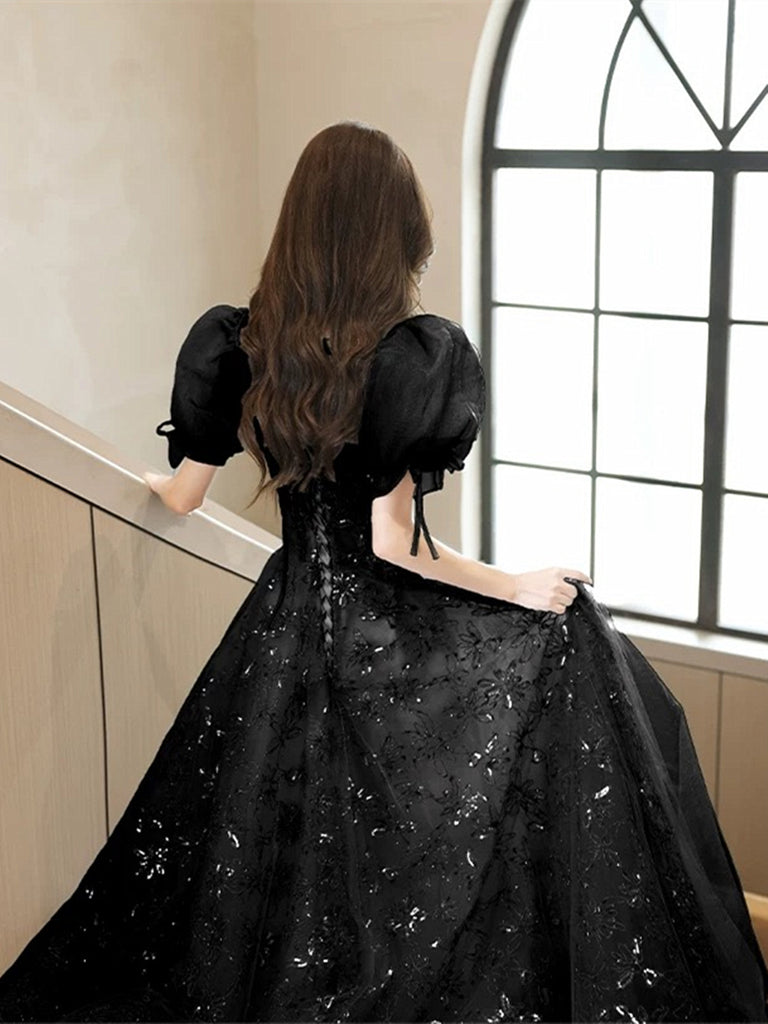 Black A-line Short Sleeves Lace Floor Length Party Dress, Black Sweeth