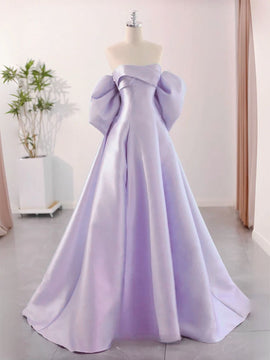 Cute Light Purple Satin A-line Off Shoulder Party Dress, Light Purple Prom Dress
