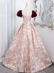 Lovely Pink Beaded Short Sleeves Party Dress, Pink Long Floral Satin Prom Dress