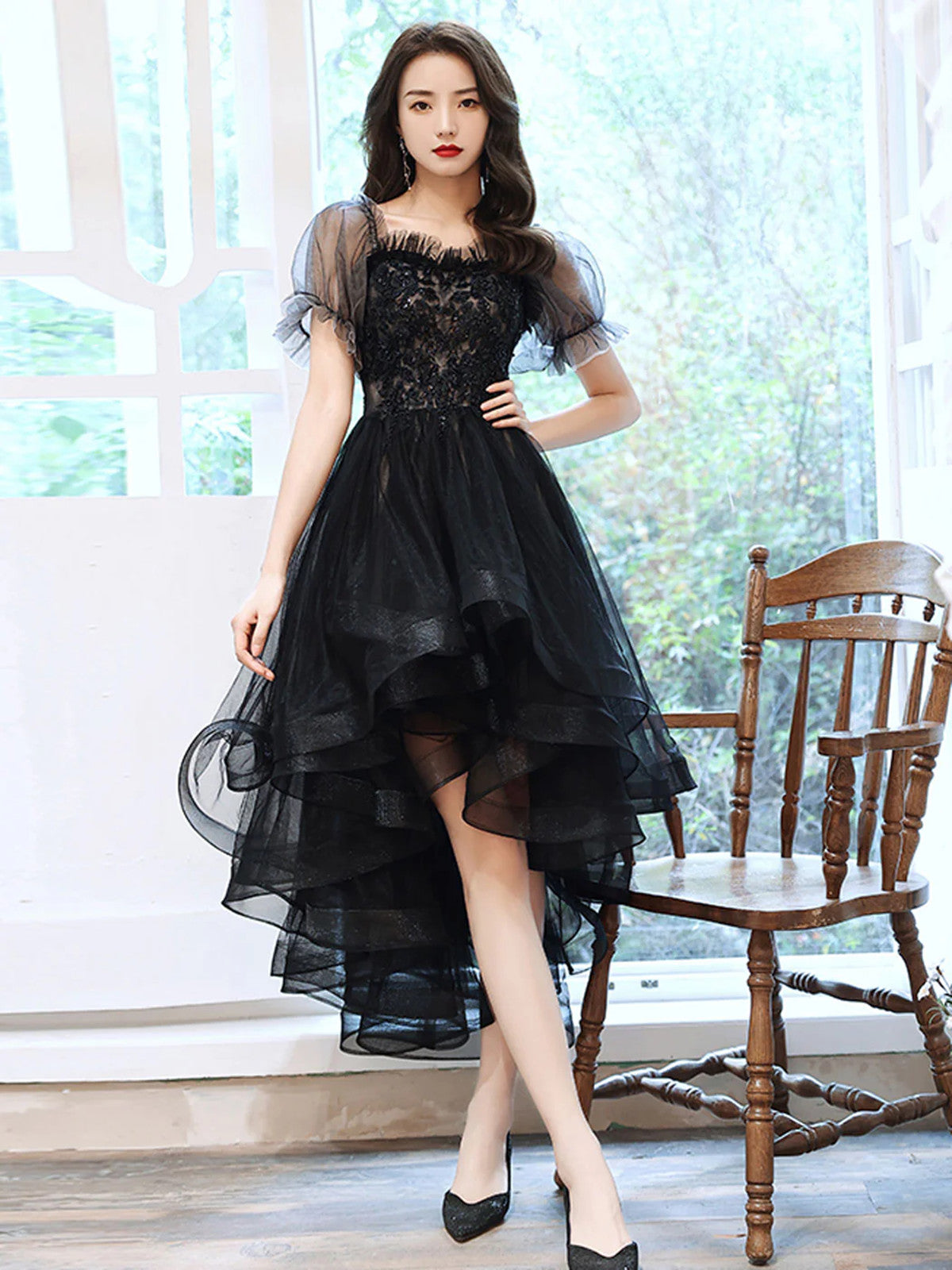 Black Short Sleeves High Low Tulle Party Dress, Black Tulle and Lace H – Cutedressy Black Short Sleeves High Low Tulle Party Dress, Black Tulle and Lace H – Cutedressy