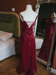 Wine Red Satin V-neckline Straps Party Dress Evening Dress, Wine Red Satin Prom Dress