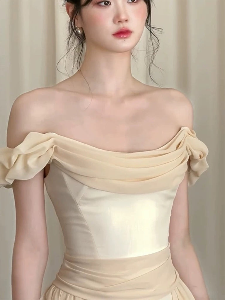 Lovely Off Shoulder Chiffon and Satin Long Prom Dress, Long Satin Even ...