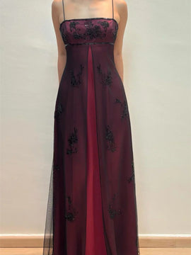 A-line Black and Red Straps Beaded Long Formal Dress, Black and Red Evening Dress Prom Dress