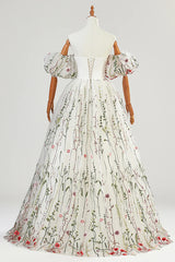 Ivory Tulle Lace Long Prom Dress, A-Line Strapless Off Shoulder Formal Dress
