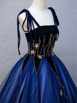 Blue Straps Scoop Floor Length Formal Dress, Blue Tulle and Velvet Low Back Prom Dress