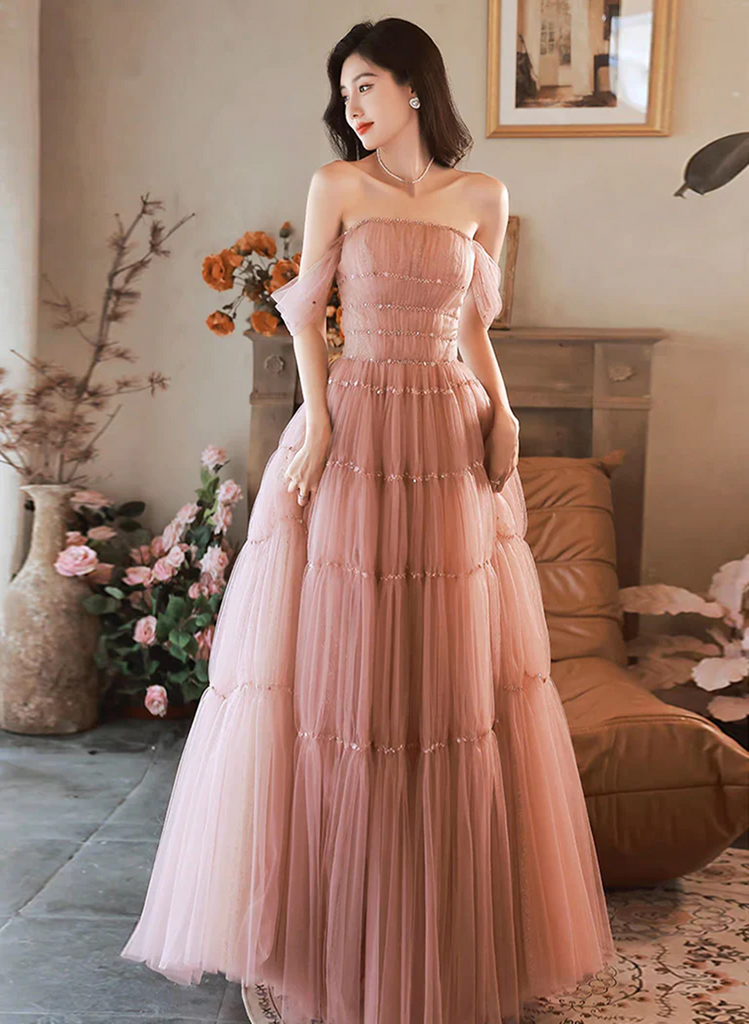 Pink Tulle Floor Length Beaded Long Party Dress, Off Shoulder Pink Pro